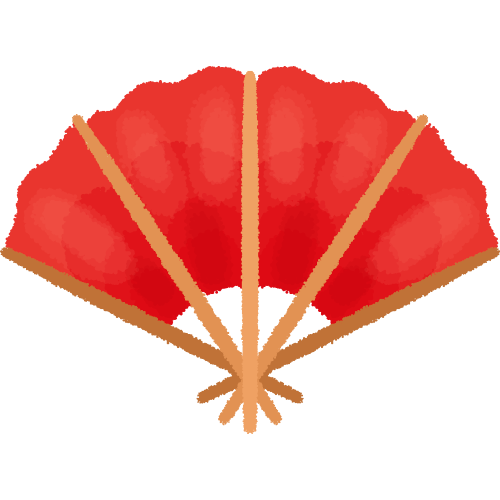 A red folding fan with brown wooden sticks that is fully spread out.